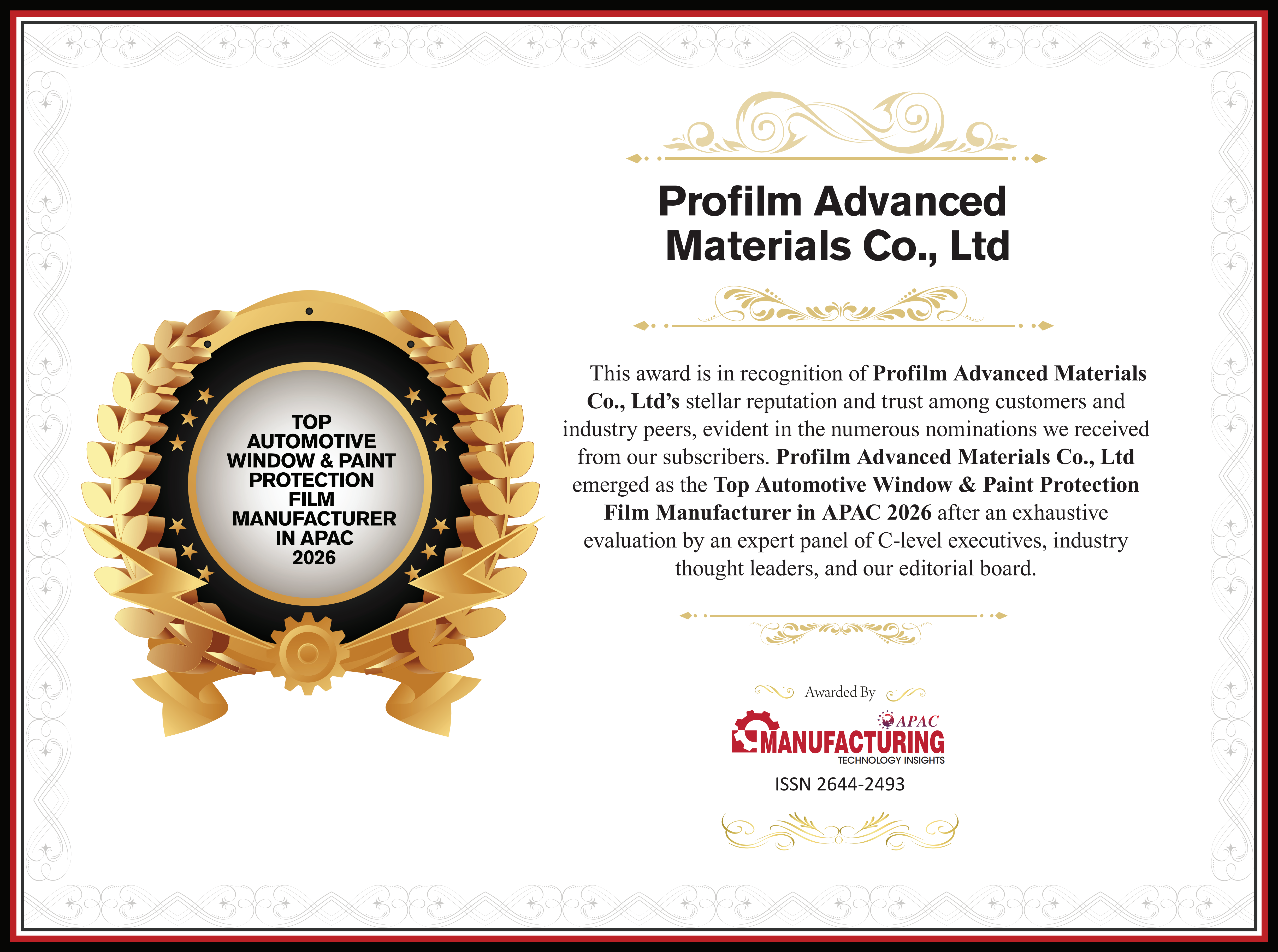 2026TOP AUTOMOTIVE WINDOW & PAINT PROTECTION FILM MANUFACTURER IN APAC 2026_Certificate&nbsp;1_01.png